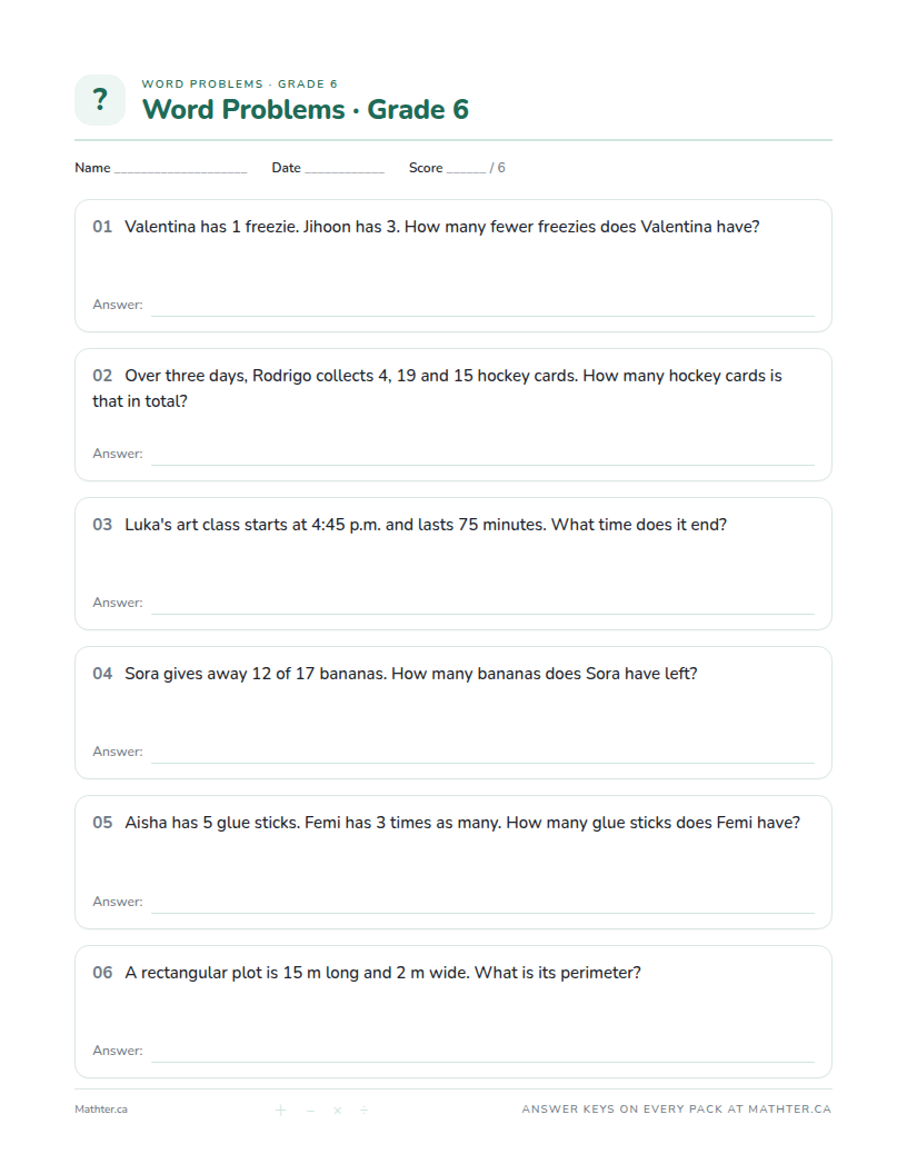 Beginner Grade 6 word problem worksheet, page one