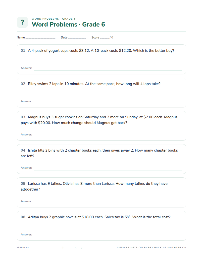 Advanced Grade 6 word problem worksheet, page one