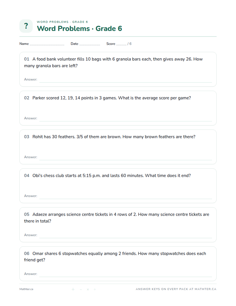Intermediate Grade 6 word problem worksheet, page one