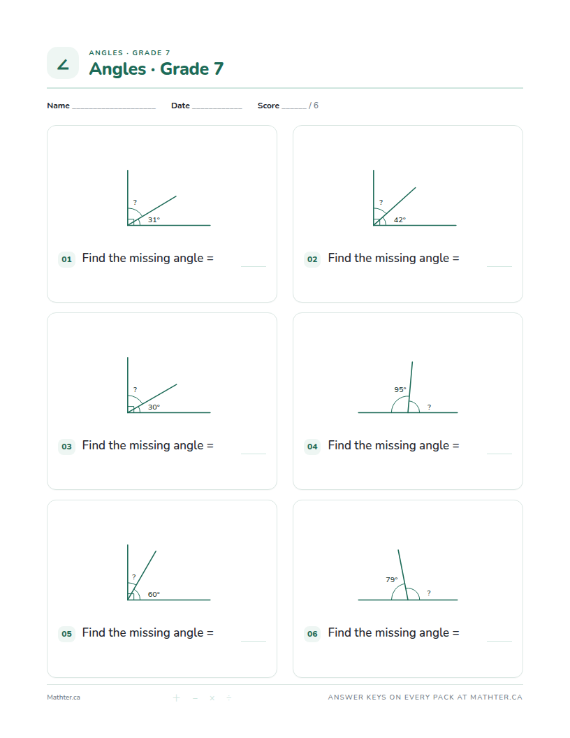 Beginner Grade 7 angles worksheet, page one