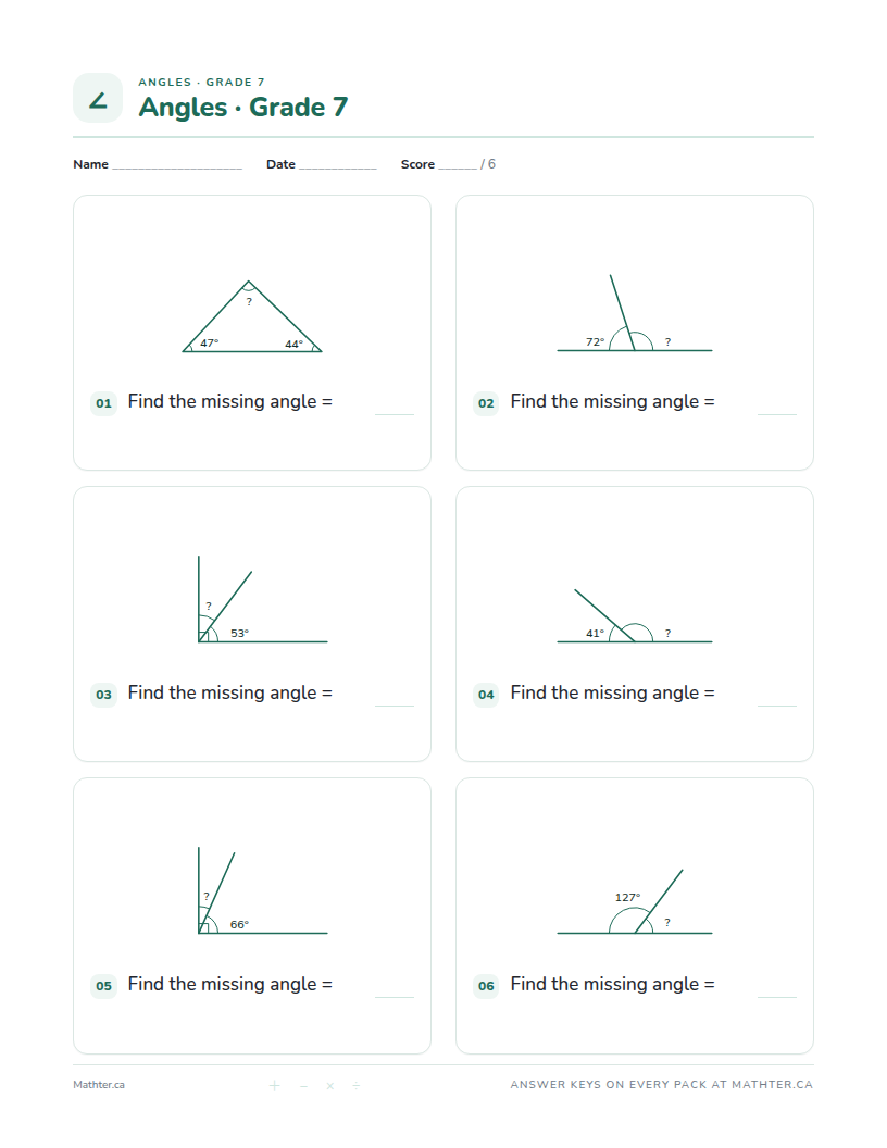 Advanced Grade 7 angles worksheet, page one