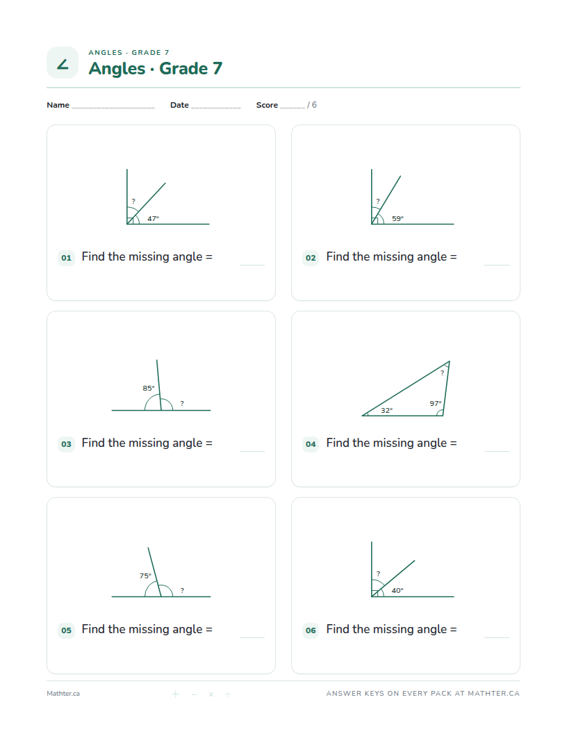 Intermediate Grade 7 angles worksheet, page one