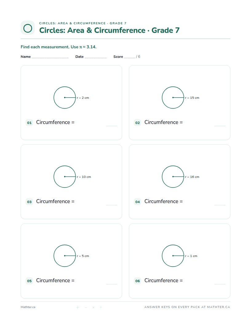 Beginner Grade 7 circle worksheet, page one