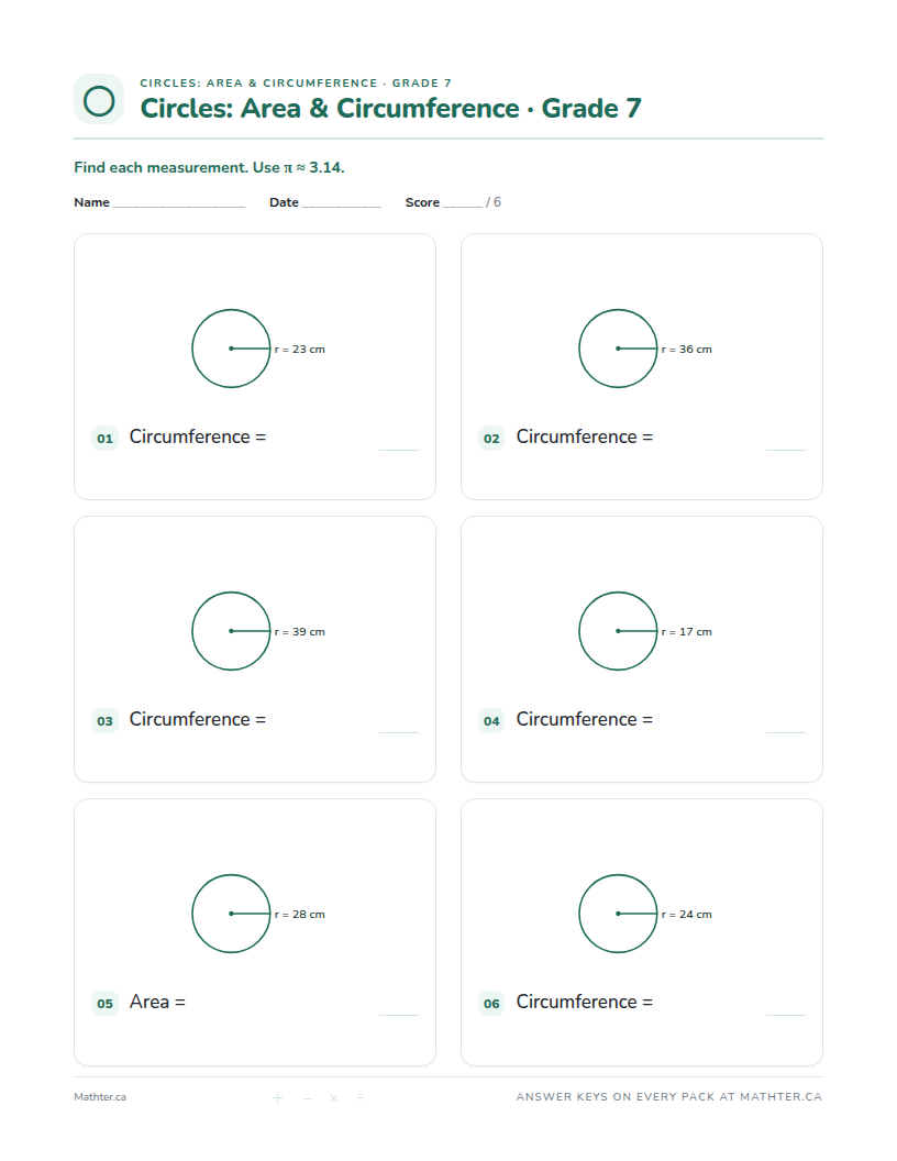 Advanced Grade 7 circle worksheet, page one