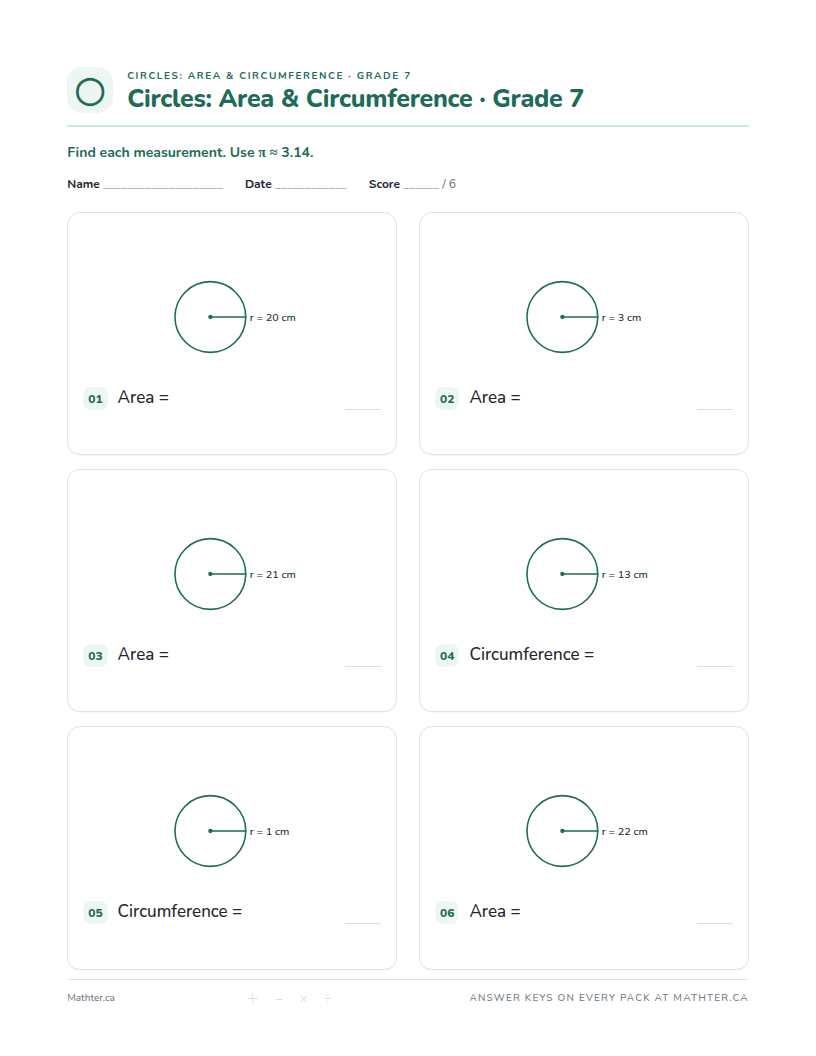 Intermediate Grade 7 circle worksheet, page one