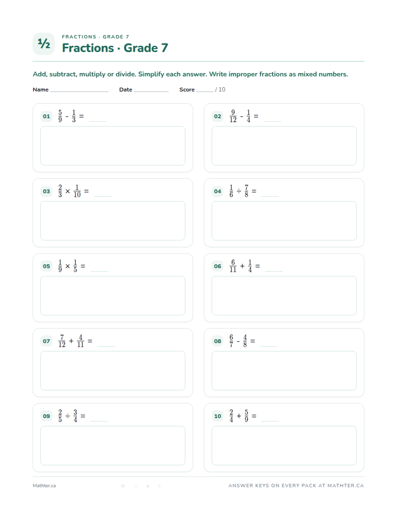 Intermediate Grade 7 fraction worksheet, page one