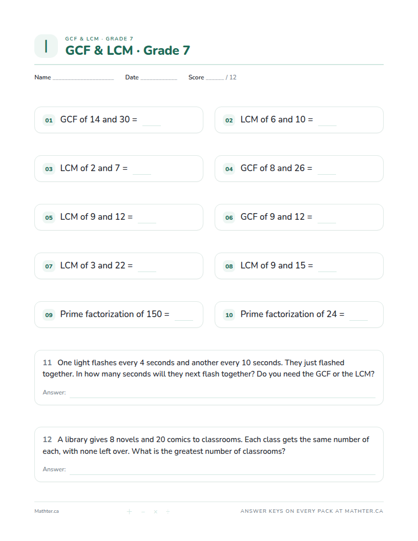 Beginner Grade 7 gcf & lcm worksheet, page one