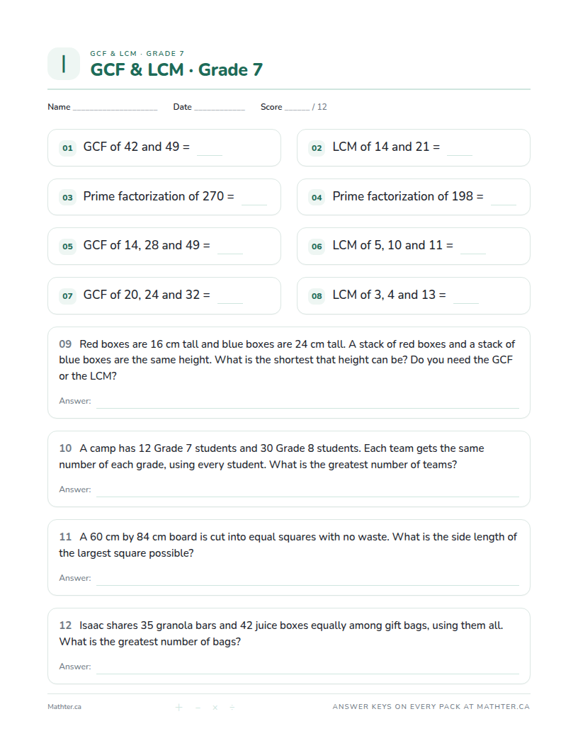 Advanced Grade 7 gcf & lcm worksheet, page one