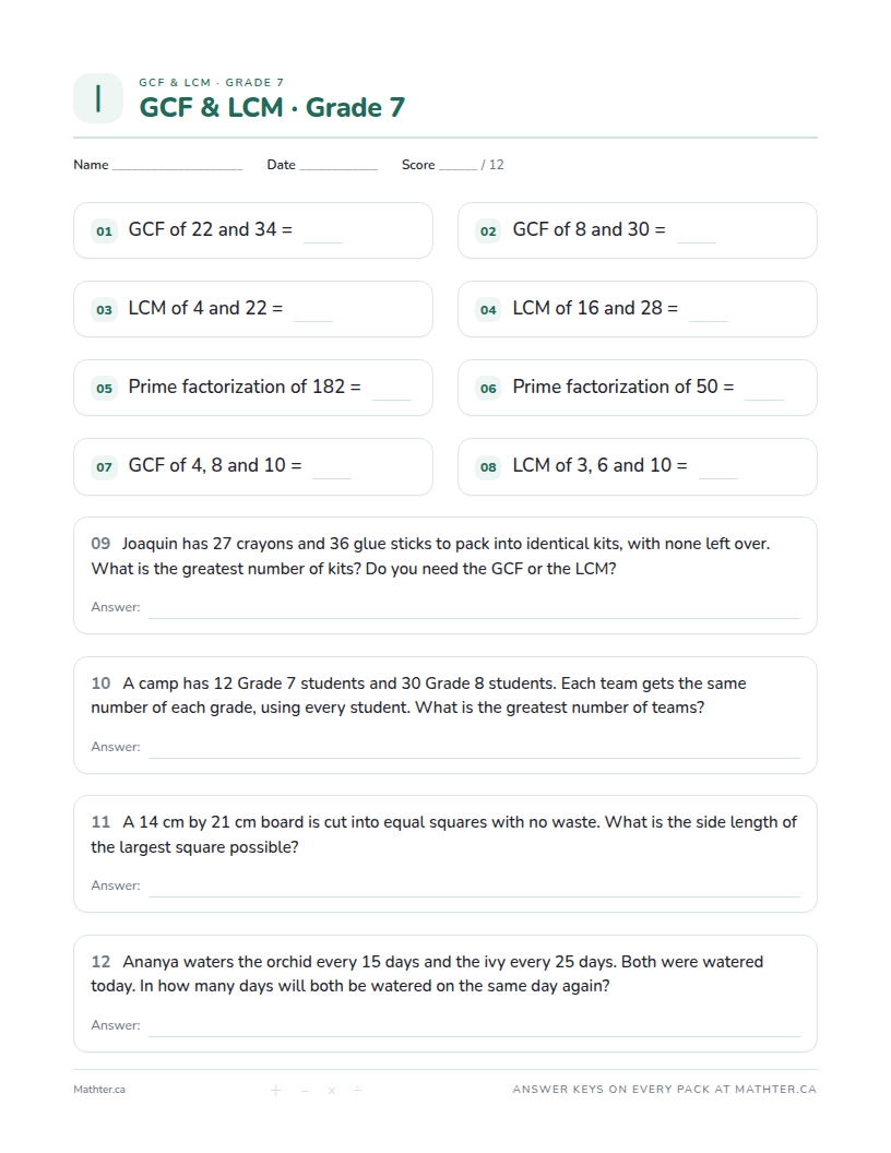 Intermediate Grade 7 gcf & lcm worksheet, page one
