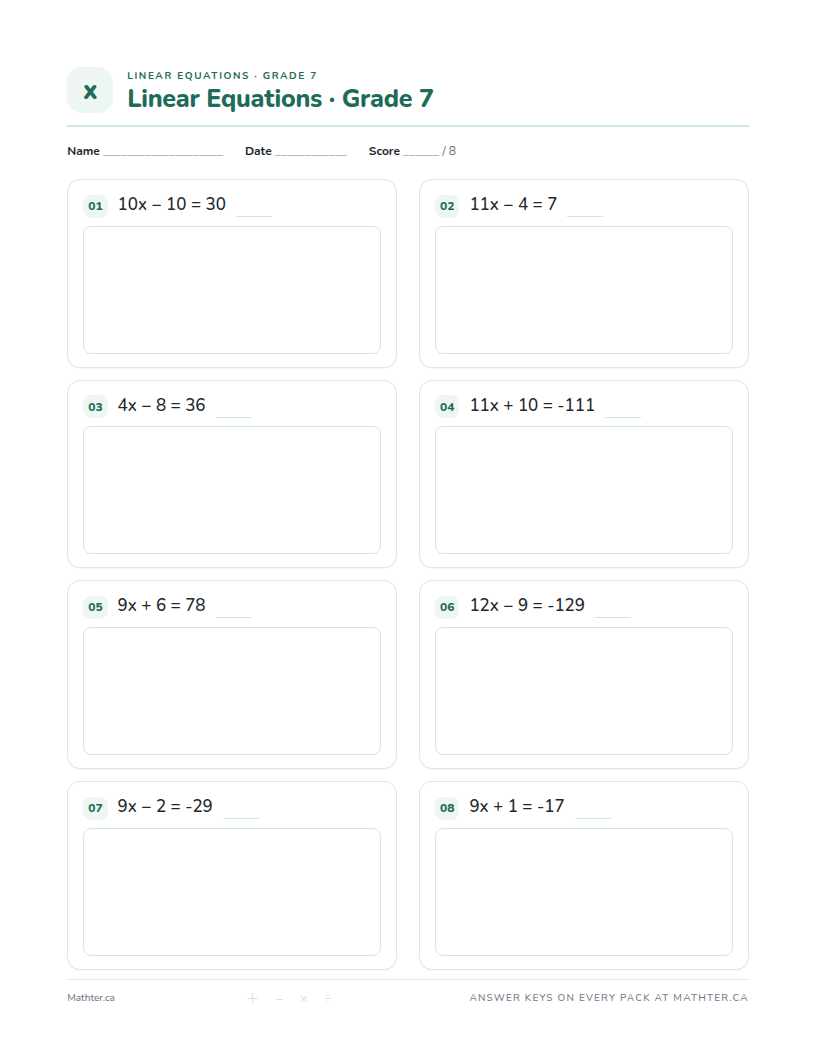 Intermediate Grade 7 linear equations worksheet, page one