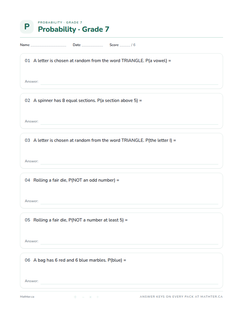 Beginner Grade 7 probability worksheet, page one