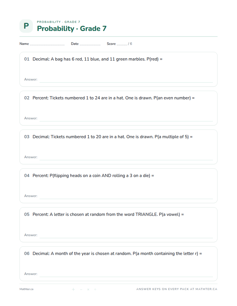 Advanced Grade 7 probability worksheet, page one