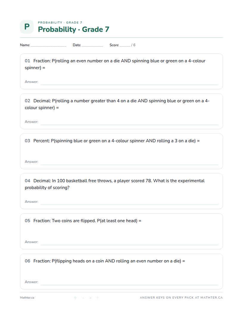Intermediate Grade 7 probability worksheet, page one