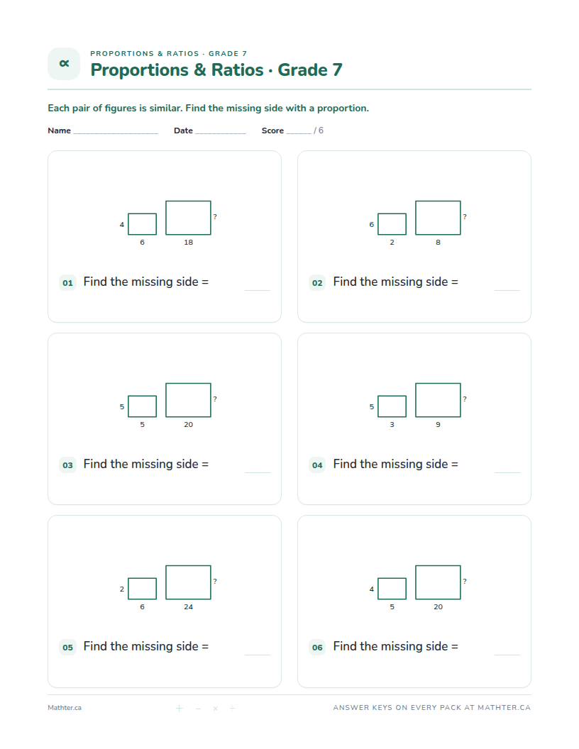 Advanced Grade 7 proportions & ratios worksheet, page one