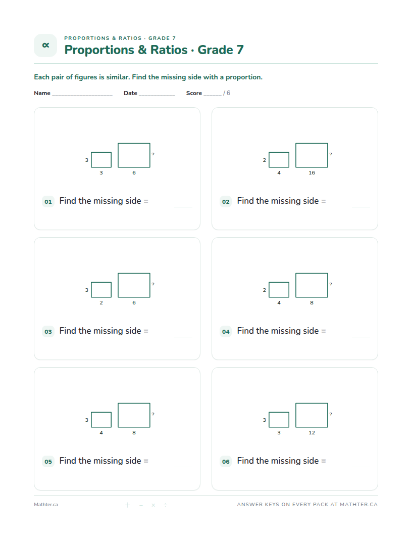 Intermediate Grade 7 proportions & ratios worksheet, page one