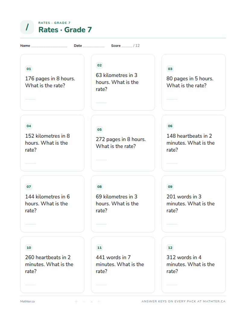 Intermediate Grade 7 rates worksheet, page one