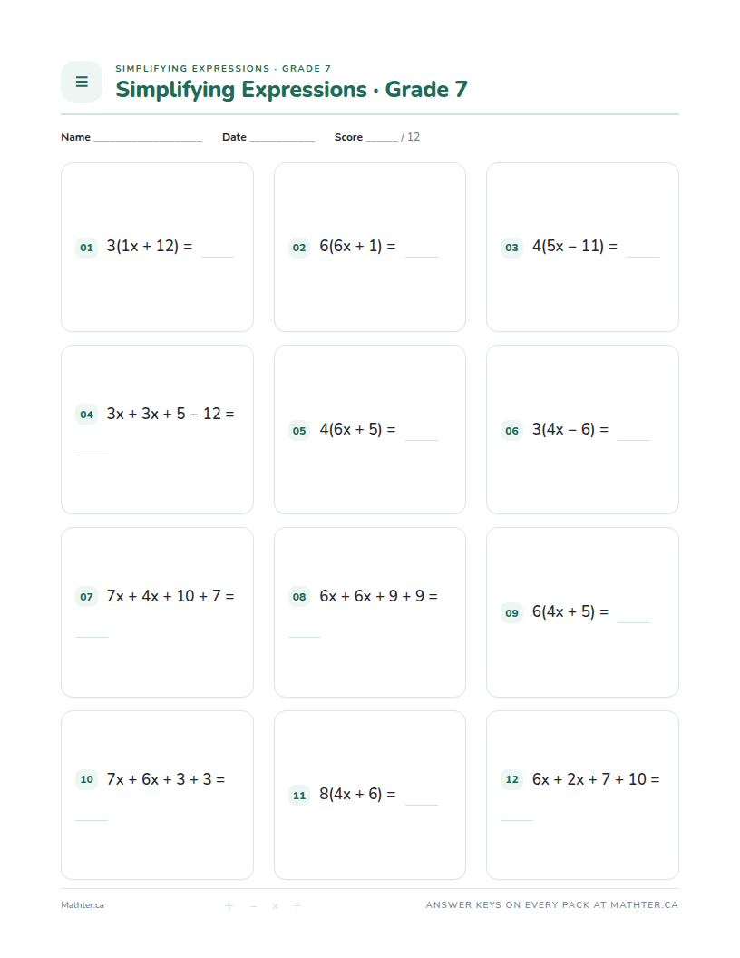 Intermediate Grade 7 simplifying expressions worksheet, page one