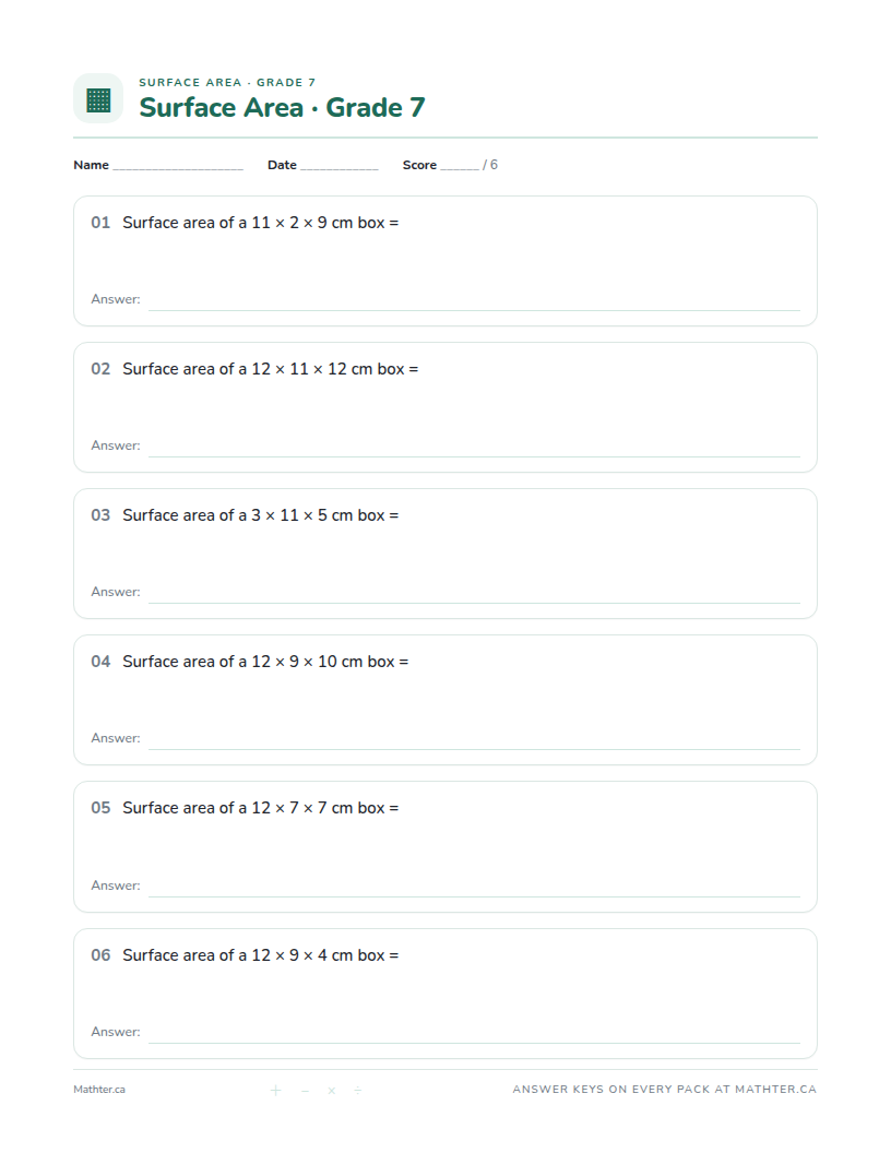 Intermediate Grade 7 surface area worksheet, page one