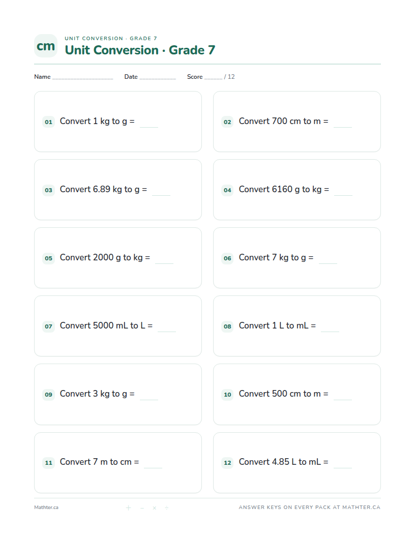 Beginner Grade 7 unit conversion worksheet, page one
