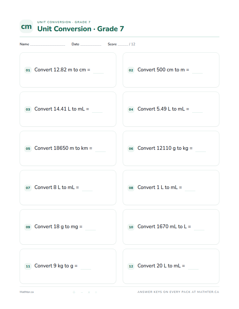 Intermediate Grade 7 unit conversion worksheet, page one