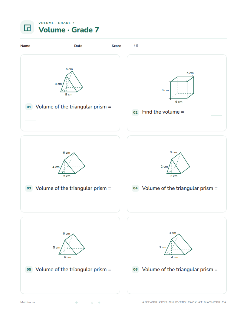 Beginner Grade 7 volume worksheet, page one