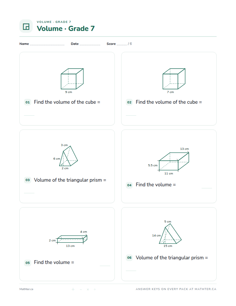 Advanced Grade 7 volume worksheet, page one