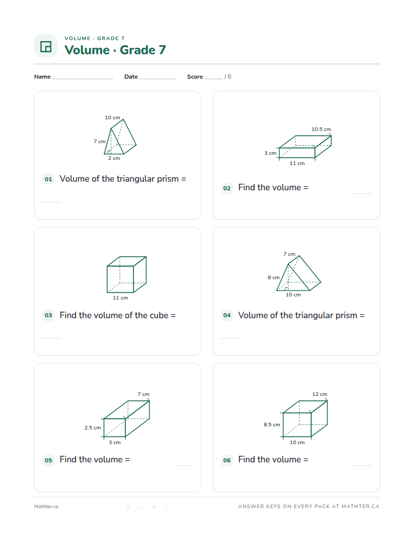 Intermediate Grade 7 volume worksheet, page one