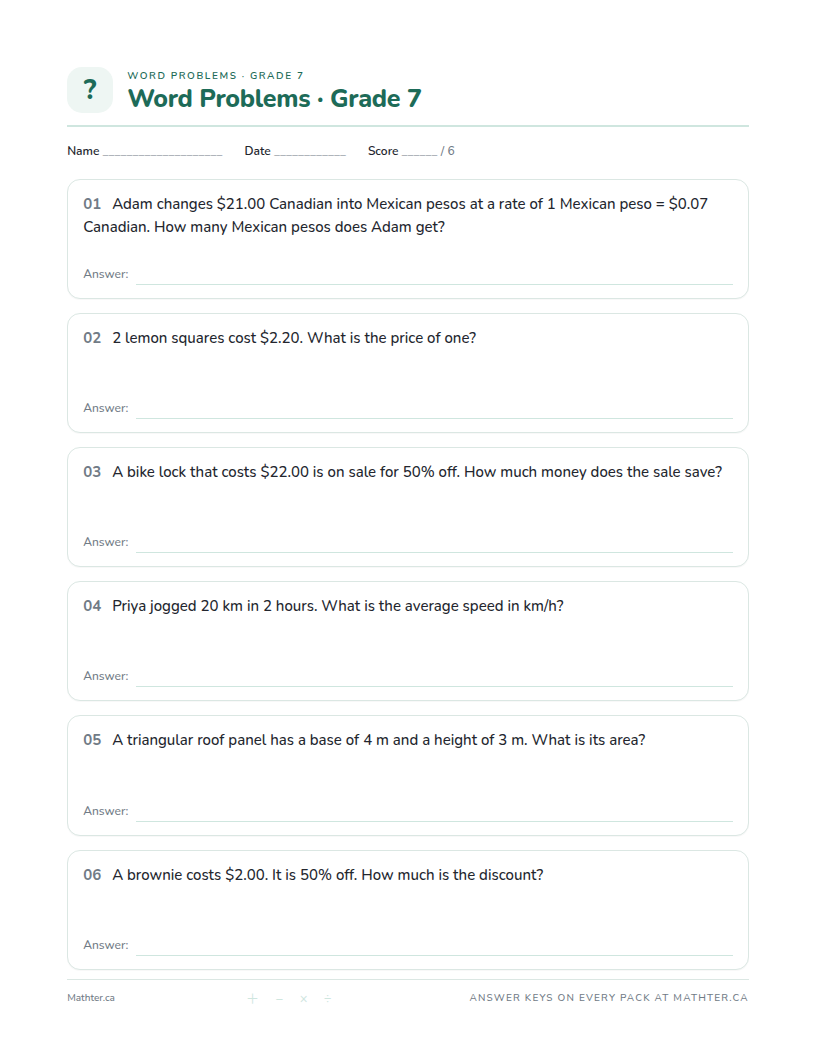 Beginner Grade 7 word problem worksheet, page one