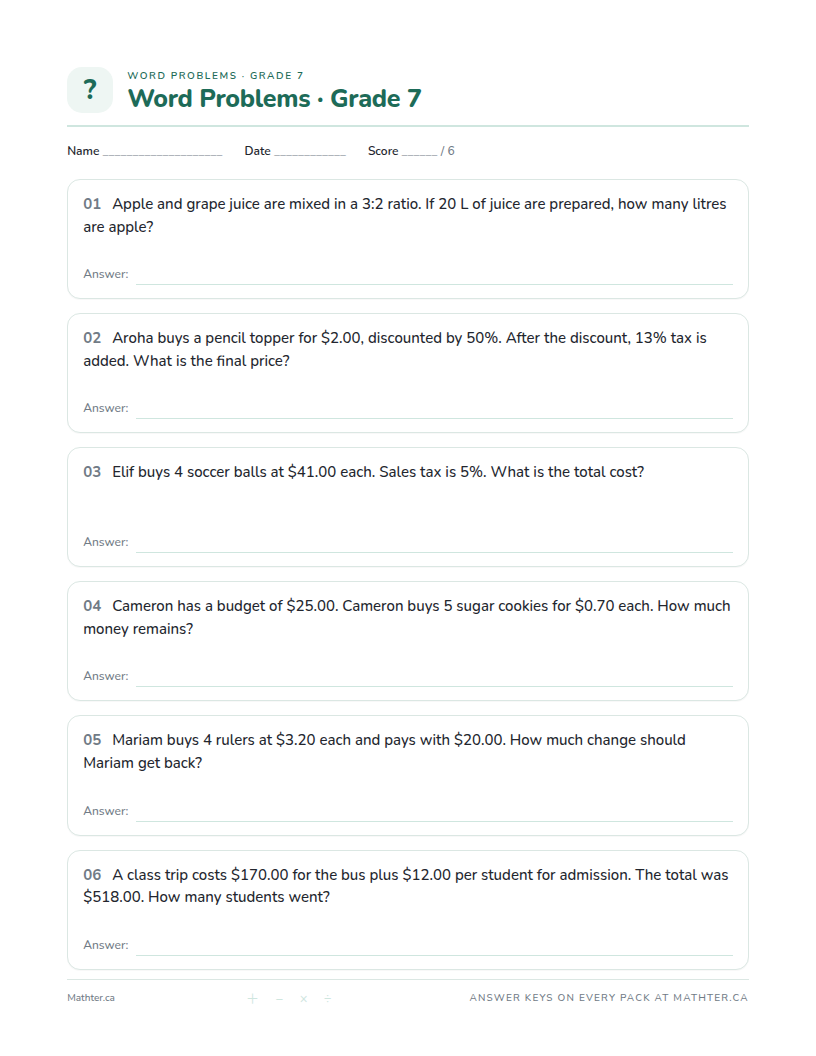 Advanced Grade 7 word problem worksheet, page one