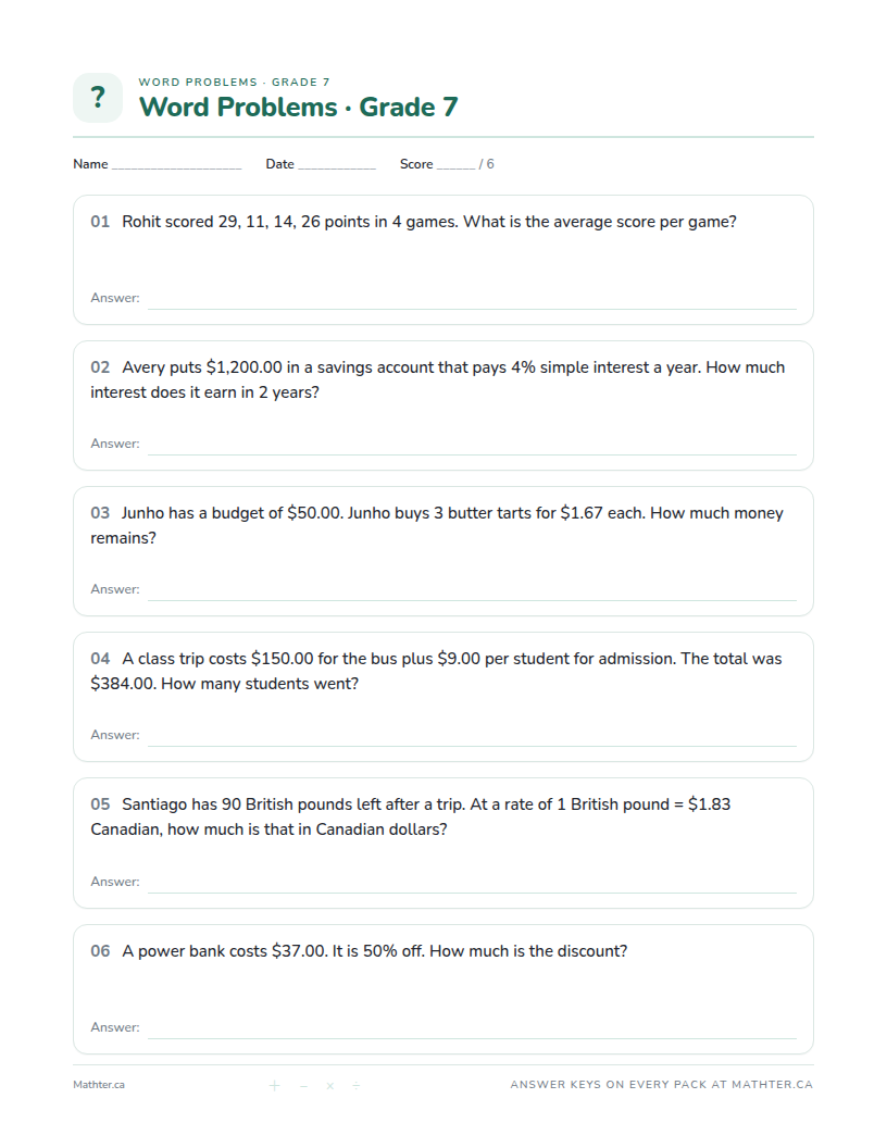 Intermediate Grade 7 word problem worksheet, page one