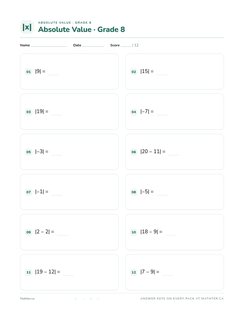 Beginner Grade 8 absolute value worksheet, page one