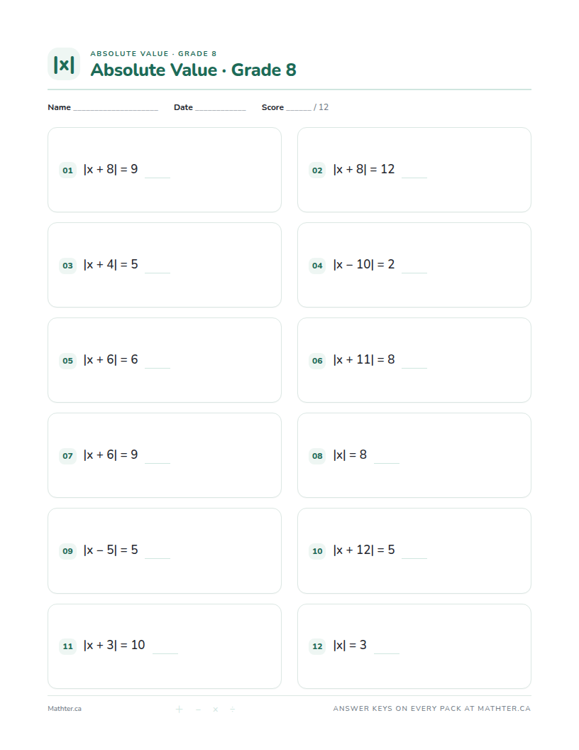 Intermediate Grade 8 absolute value worksheet, page one