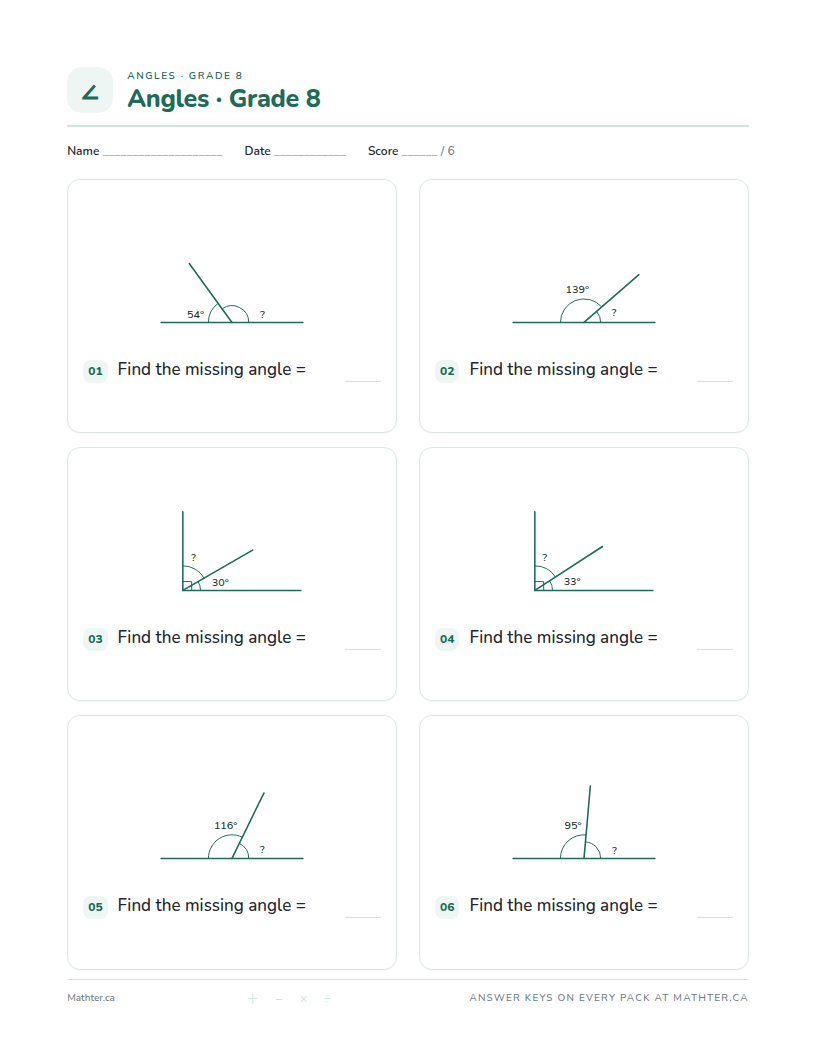 Beginner Grade 8 angles worksheet, page one