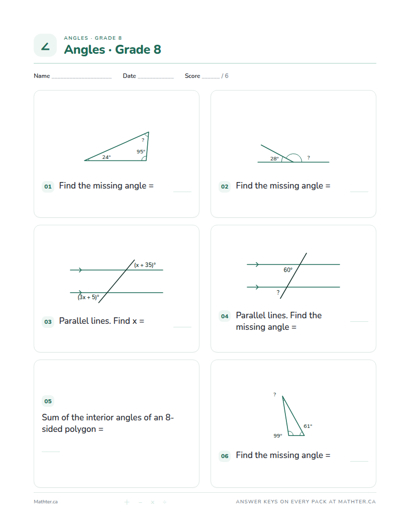Advanced Grade 8 angles worksheet, page one