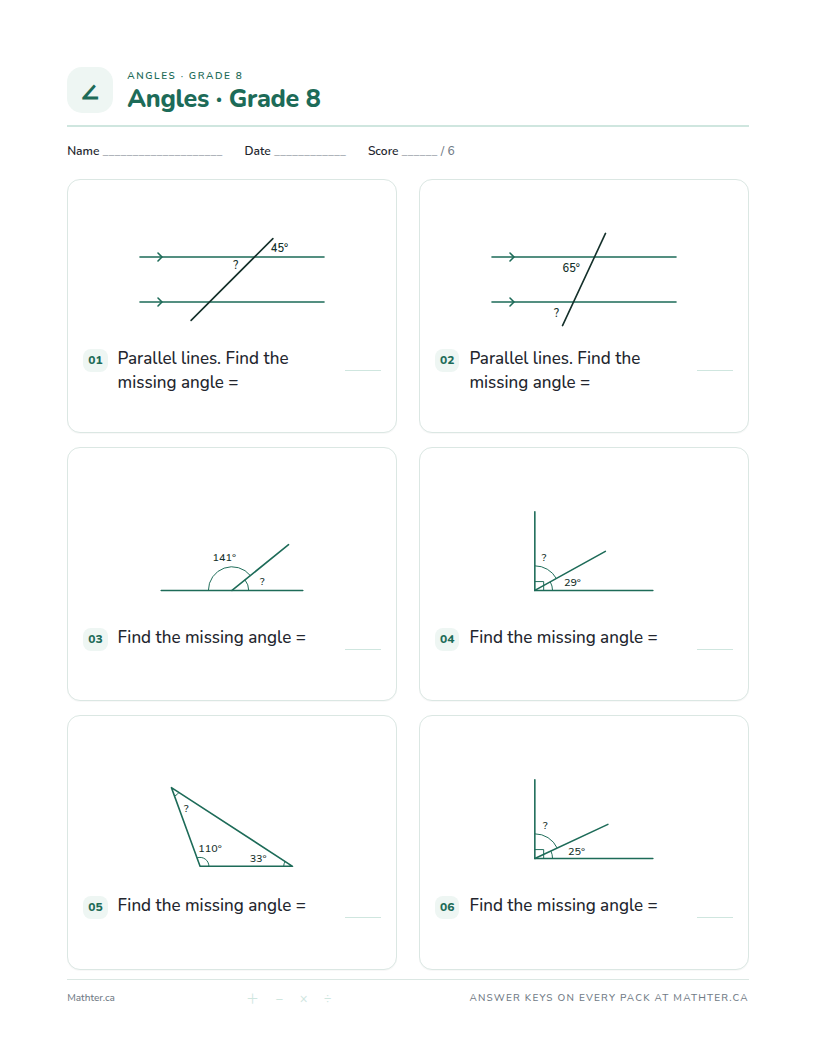 Intermediate Grade 8 angles worksheet, page one