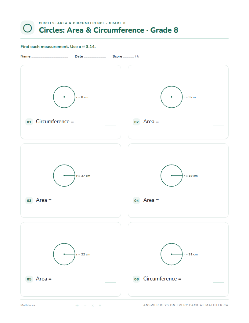 Advanced Grade 8 circle worksheet, page one