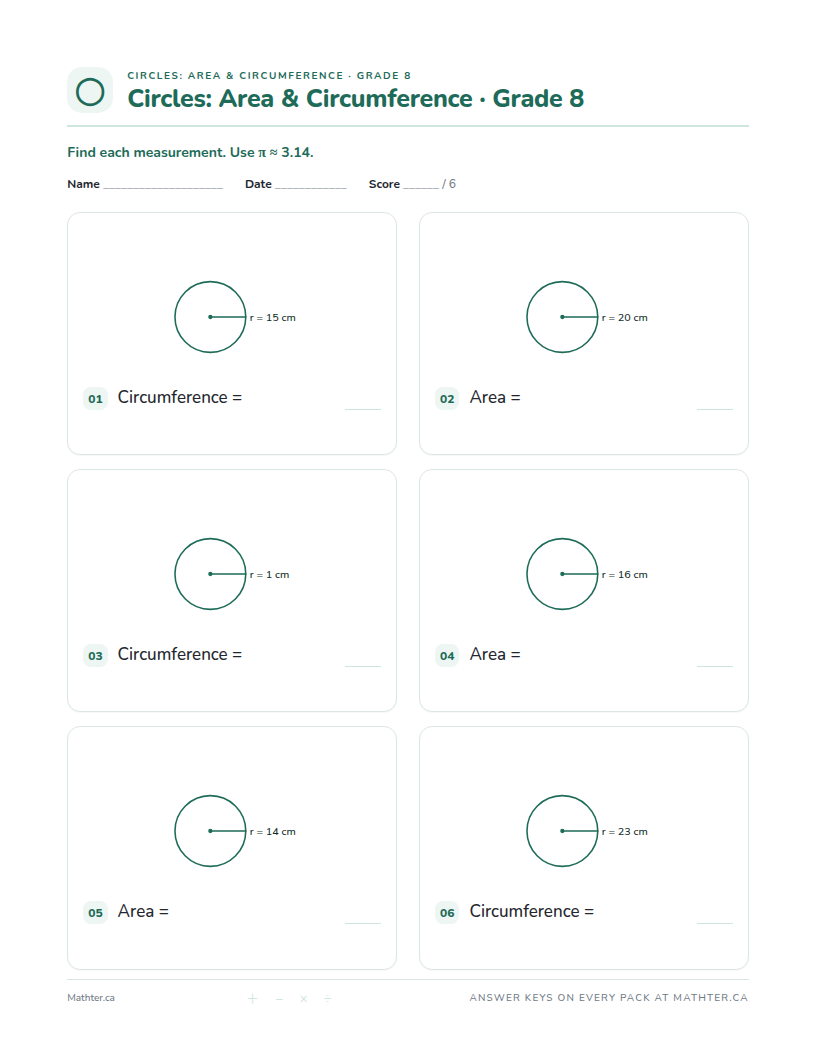 Intermediate Grade 8 circle worksheet, page one