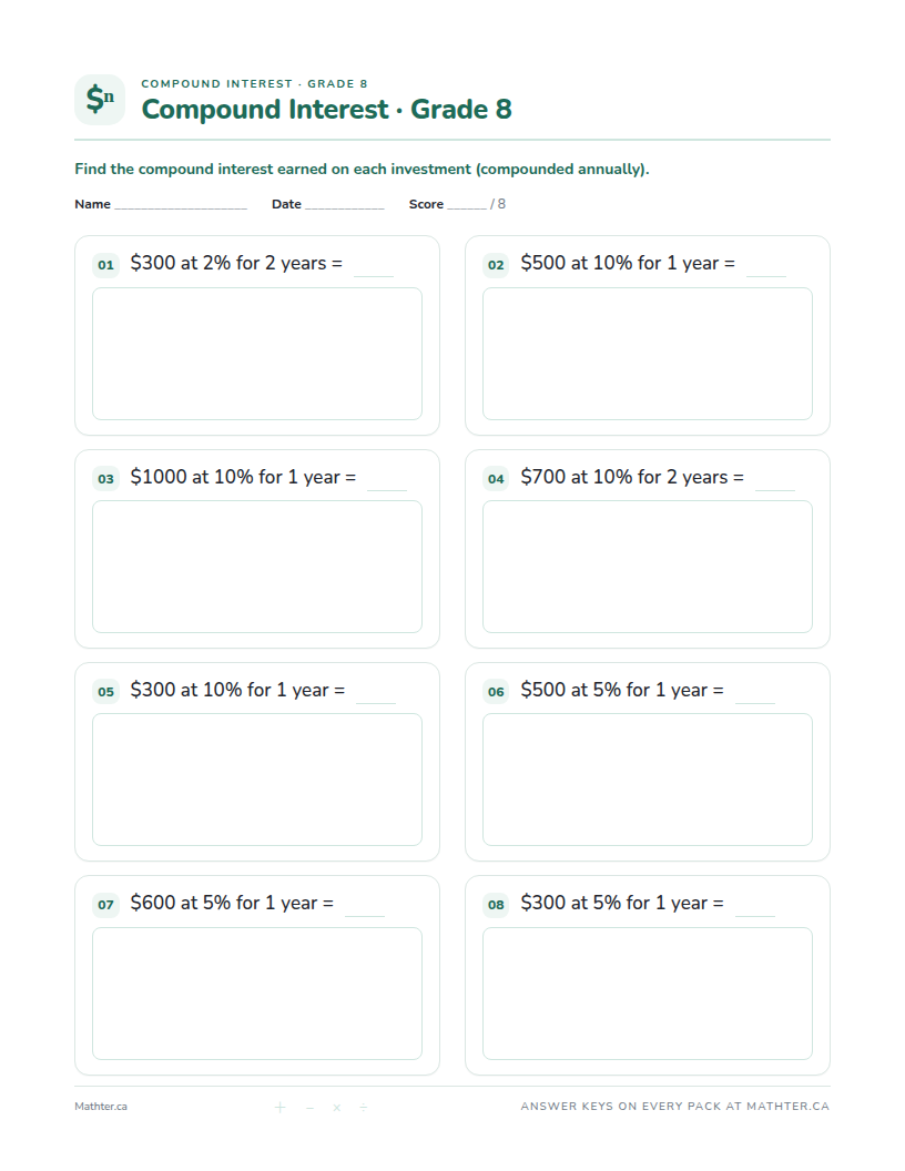 Intermediate Grade 8 compound interest worksheet, page one