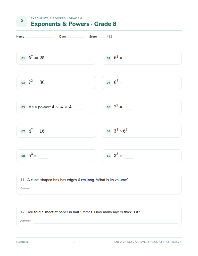 Beginner Grade 8 exponents worksheet, page one