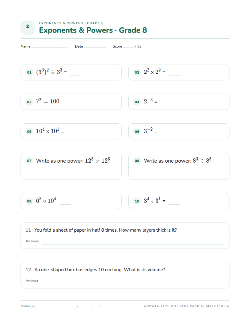Advanced Grade 8 exponents worksheet, page one