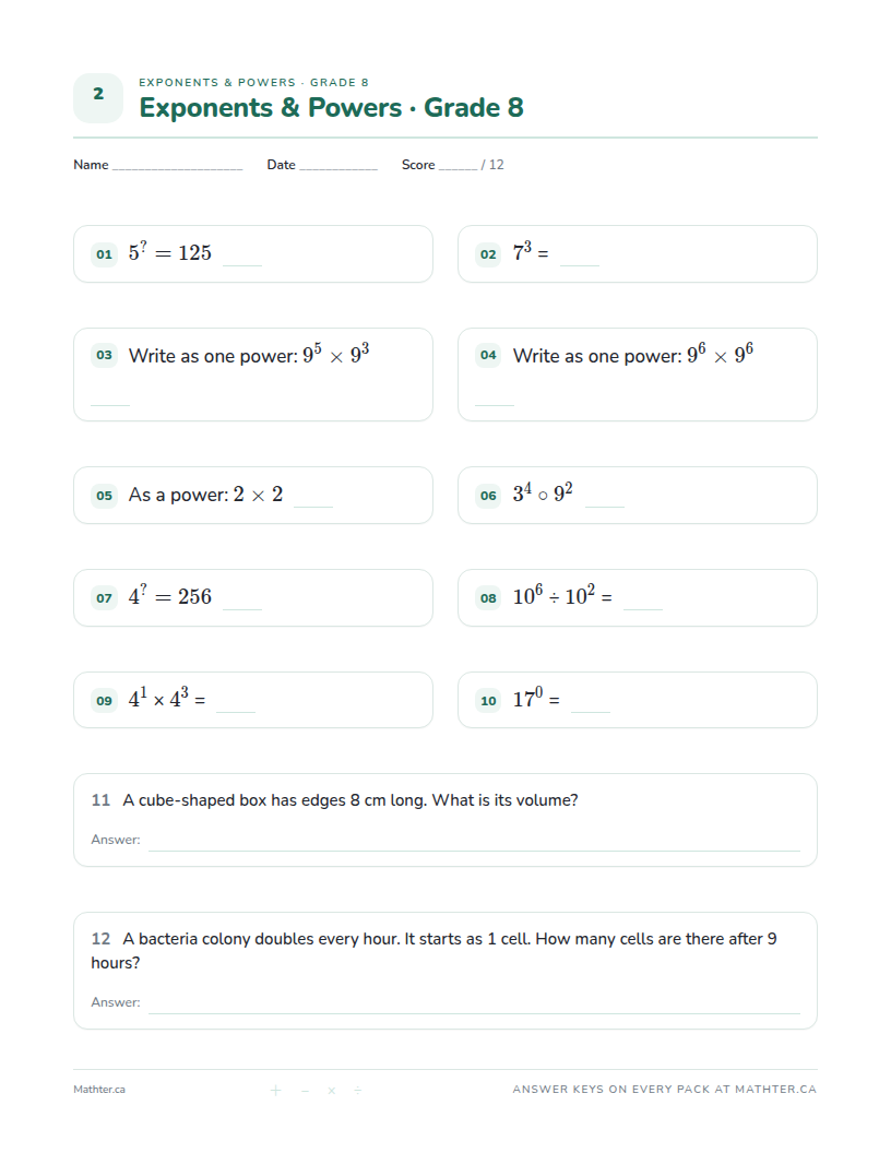Intermediate Grade 8 exponents worksheet, page one