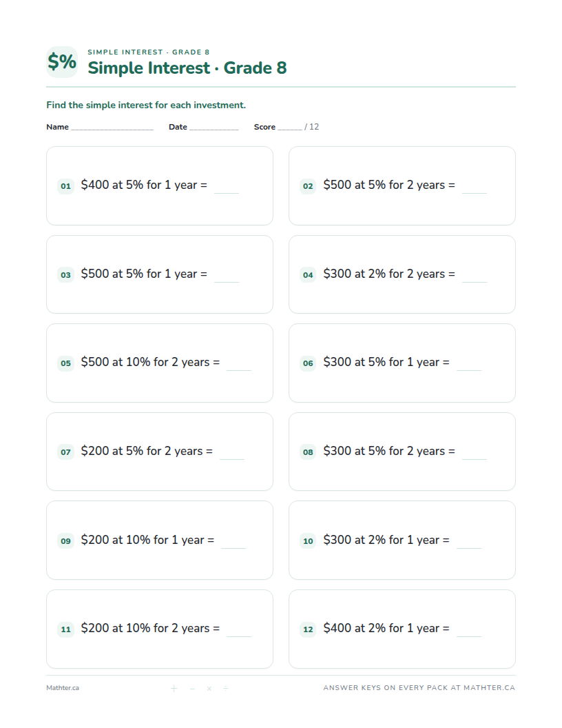 Beginner Grade 8 simple interest worksheet, page one