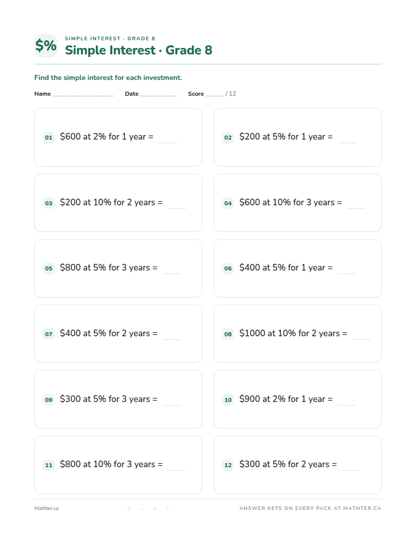 Intermediate Grade 8 simple interest worksheet, page one
