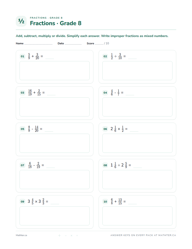 Advanced Grade 8 fraction worksheet, page one