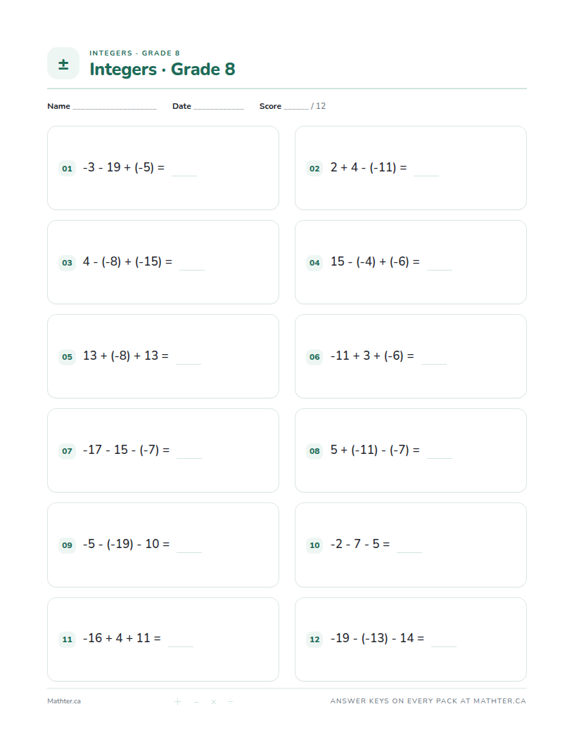 Advanced Grade 8 integer worksheet, page one