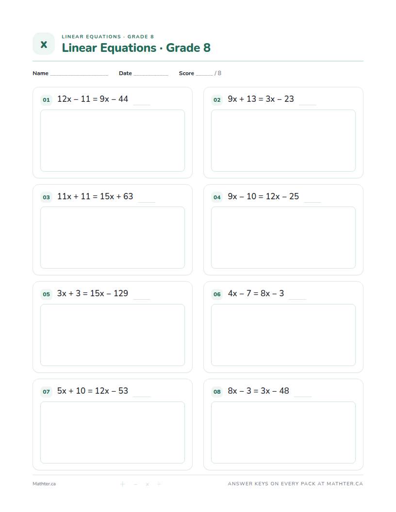 Advanced Grade 8 linear equations worksheet, page one