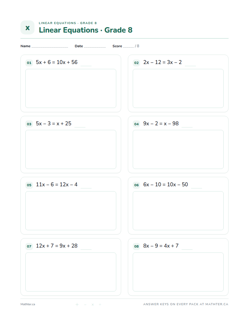 Intermediate Grade 8 linear equations worksheet, page one