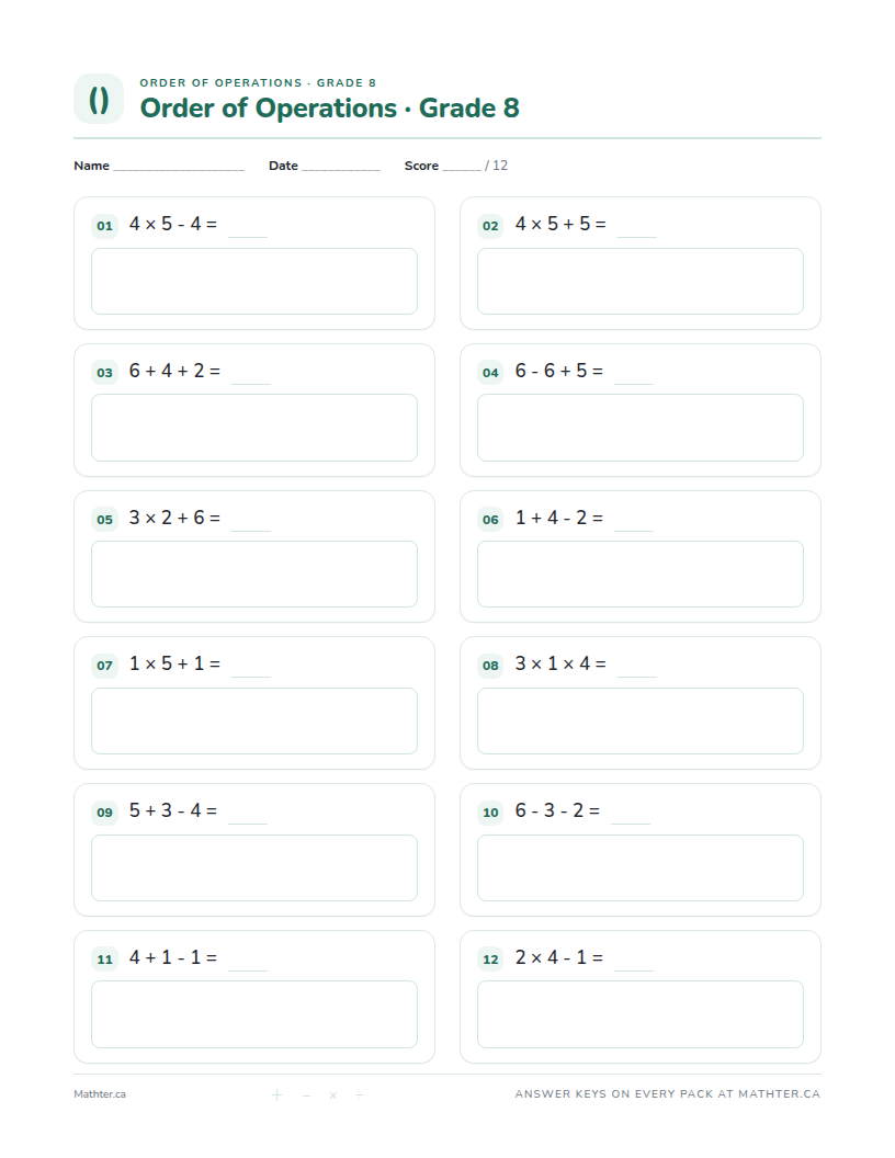 Beginner Grade 8 order of operations worksheet, page one