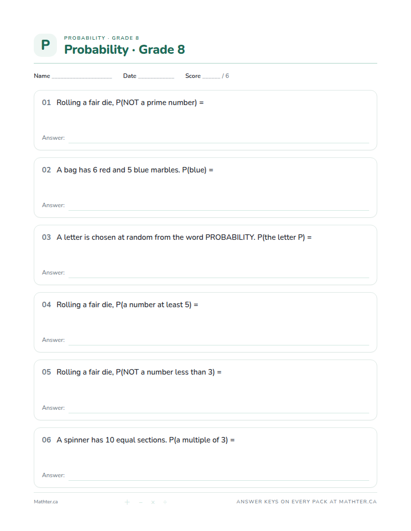 Beginner Grade 8 probability worksheet, page one