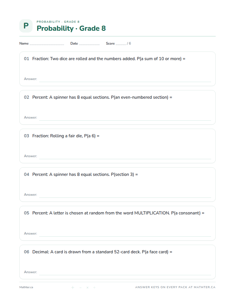Advanced Grade 8 probability worksheet, page one